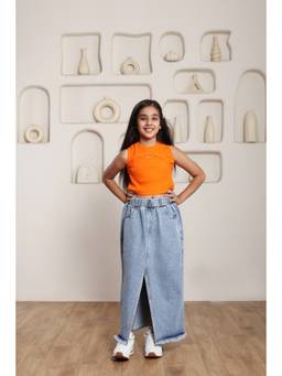 SHORGUL - Girls Orange Pure Cotton Top with Skirt