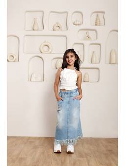 SHORGUL - Girls White Pure Cotton Top with Skirt