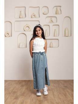 SHORGUL - Girls White Pure Cotton Top with Skirt