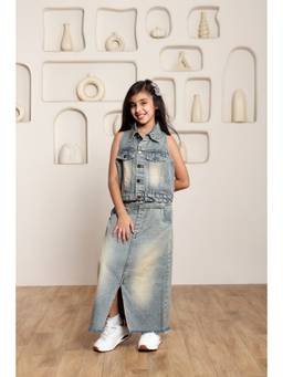 SHORGUL - Girls Blue Pure Cotton Top with Skirt