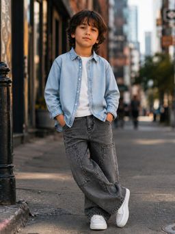 Purple United Kids - Boys Multi-Colour Cotton Shirt with Jeans