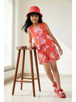 Tales & Stories - Girls Red Viscose Top and Camisole with Short