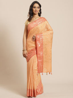 Indethnic - Banarasi Peach Woven Design Party Wear Saree With Unstitched Blouse