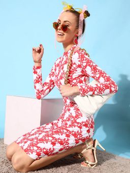 STREET 9 - Coral Printed High Neck Mini Bodycon Dress