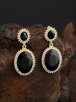 E2O - Gold Plated Stone Crafted Contemporary Black Drop Earring for Women