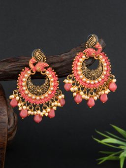 E2O - Classic Gold Plated With Meenakari Pink Drop Earrings for Women