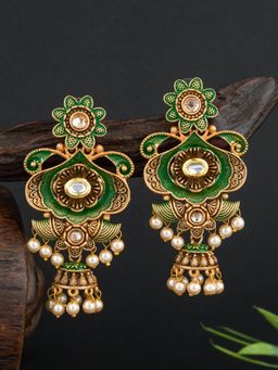 E2O - Classic Gold Plated With Meenakari Green Drop Earrings for Women