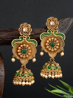 E2O - Classic Gold Plated With Meenakari Green Drop Earrings for Women
