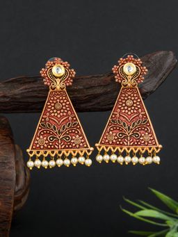 E2O - Classic Oxidized Metallic Plated With Meenakari Maroon Drop Earrings for Women