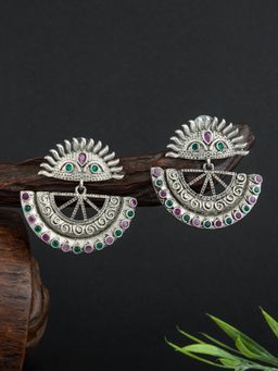 E2O - Classic Oxidized Metallic Stone Plated With Meenakari Silver Drop Earrings for Women