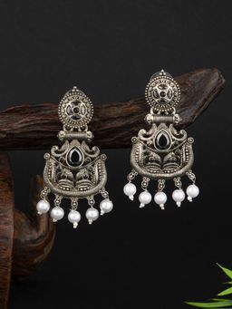 E2O - Classic Oxidized Metallic Stone Plated With Meenakari Silver Drop Earrings for Women