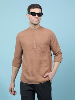 CRIMSOUNE CLUB - Mens Brown Vertical Stripes Linen Kurta