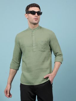 CRIMSOUNE CLUB - Mens Green Vertical Stripes Linen Kurta