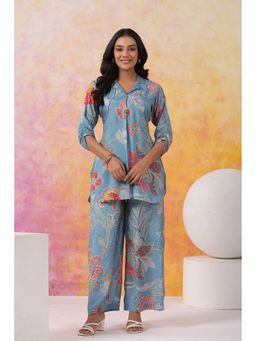 KAFTANIZE - Blue Bold Floral Printed Muslin Co Ord (Set of 2)