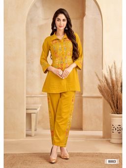 KAFTANIZE - Mustard Chinnon Floral Embroidered Co-Ord (Set of 2)