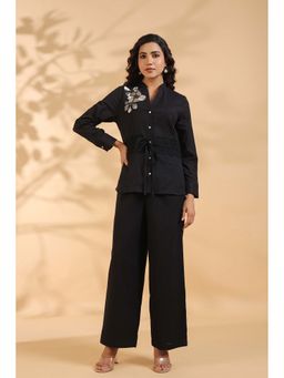 KAFTANIZE - Black Beaded Flower Motif Tie Sequence Cotton Flex Co-Ord (Set of 2)