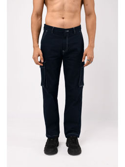 TAILORAEDGE - Navy Blue Contrast Stitch Relaxed Cargo Pant