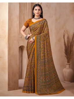 SATRANI - Mustard Printed Crepe Saree