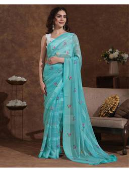 SATRANI - Light Turquoise Printed Georgette Saree