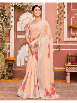 SATRANI - Peach Floral Woven Linen Cotton Saree