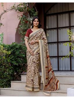 SATRANI - Beige Khadi Printed Saree