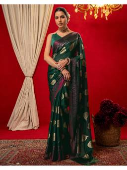 SATRANI - Green Foil Printed Tassels Chiffon Dyed Saree