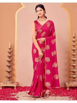 SATRANI - Rani Pink Foil Printed Gota Lace Silk Saree