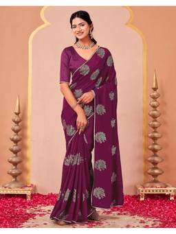 SATRANI - Magenta Foil Printed Gota Lace Silk Saree