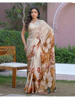 SATRANI - Cream Satin Floral Printed Saree