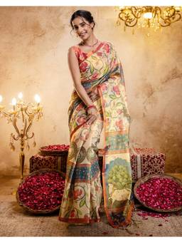 SATRANI - Beige Tassels Silk Printed Saree
