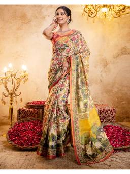SATRANI - Beige Tassels Silk Printed Saree