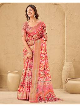 SATRANI - Peach Woven Silk Zari Stripes Border Saree