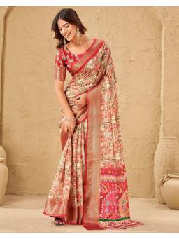 SATRANI - Beige Woven Silk Zari Stripes Border Saree