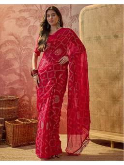 SATRANI - Red Foil Printed Tassels Chiffon Dyed Saree