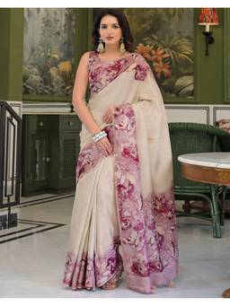 SATRANI - Beige Zari Patta Tassels Silk Woven Saree