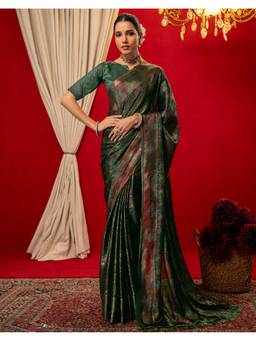 SATRANI - Green Foil Printed Tassels Chiffon Dyed Saree