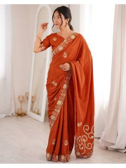 SATRANI - Rust Sequins Crepe Silk Embroidered Saree