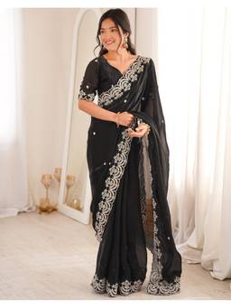 SATRANI - Black Embroidery Tissue Silk Sequins Work Saree