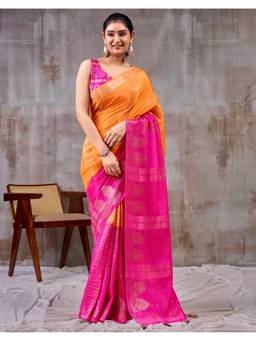 SATRANI - Orange Woven Chiffon Bandhani and Foil Printed Saree