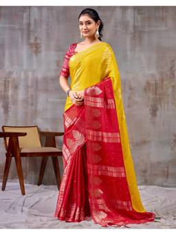 SATRANI - Yellow Woven Chiffon Bandhani and Foil Printed Saree