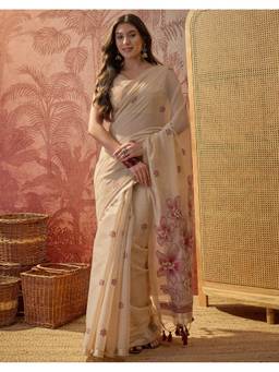 SATRANI - Beige Tassels Silk Weaving Saree