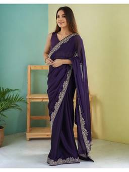 URBAN PALLU - Purple Embellished Embroidered Silk Blend Heavy Work Chanderi Saree
