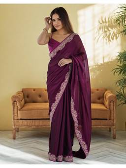URBAN PALLU - Wine Embellished Embroidered Silk Blend Chanderi Saree