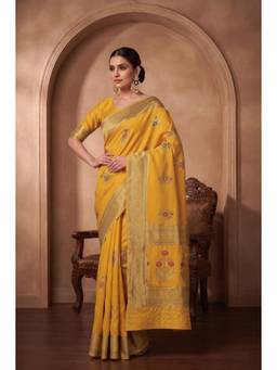 Monjolika Fashion - Yellow Banarasi Soft Silk Saree