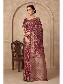 Monjolika Fashion - Maroon Banarasi Soft Silk Saree