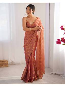 URBAN PALLU - Orange Woven Design Sequined Pure Georgette Designer Saree