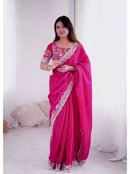 URBAN PALLU - Pink Ethnic Motifs Embroidered Silk Blend Heavy Work Saree