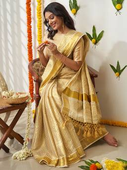Teejh - Off White Kairali Zari Checkered Kasavu Saree