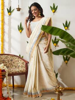 Teejh - Off White Nilayam Zari Stripes Kasavu Sarees