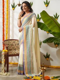 Teejh - Sahya Off White Mul Cotton Festive Saree